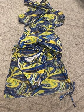 Girls Swirl Print Blue & Yellow Beach Dress with Bikini Set